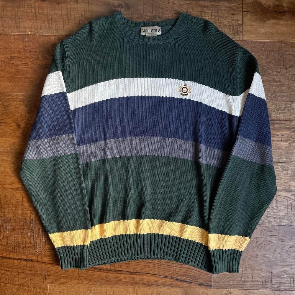 Sun River Striped Sweater Mens L Green Retro Preppy Cotton Knit Crewneck